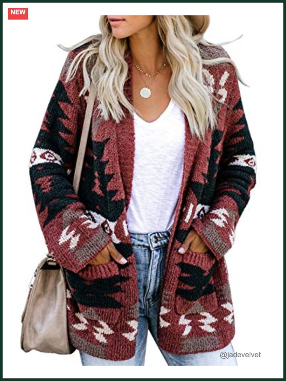 Boho Aztec Open Front Knit Cardigan Loose Slouchy Sweater